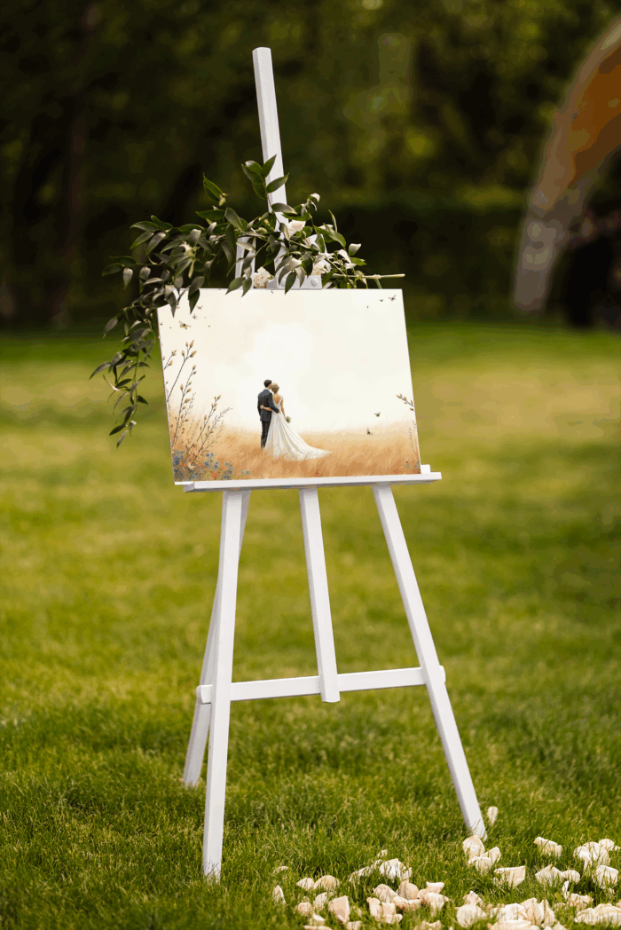 Wedding photo on easel, outdoor setting