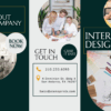 Interior design services contact information and team working.