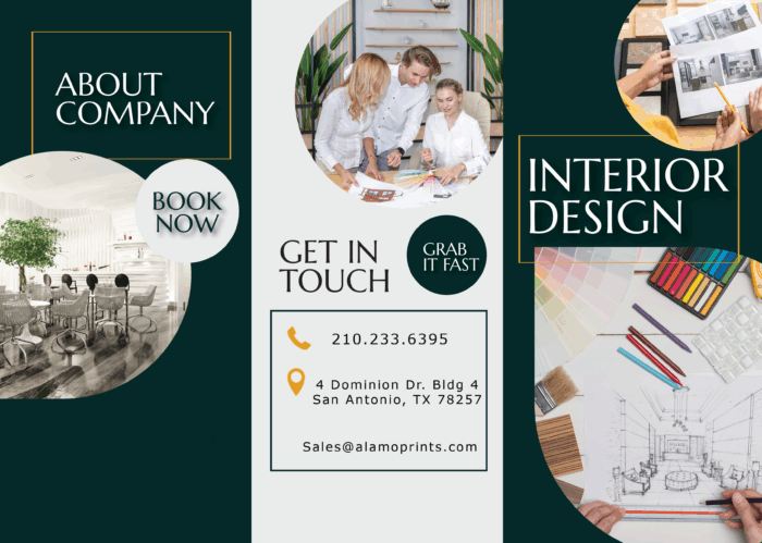 Interior design services contact information and team working.