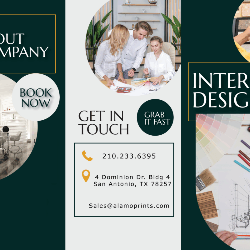 Interior design services contact information and team working.
