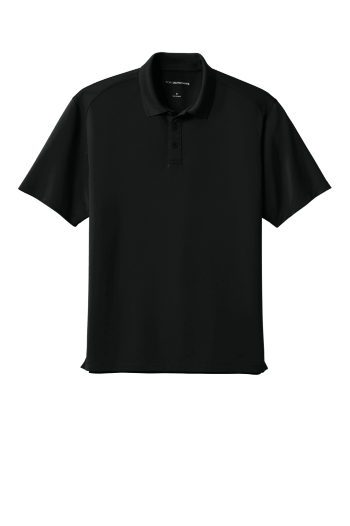 Black short-sleeve polo shirt front view.