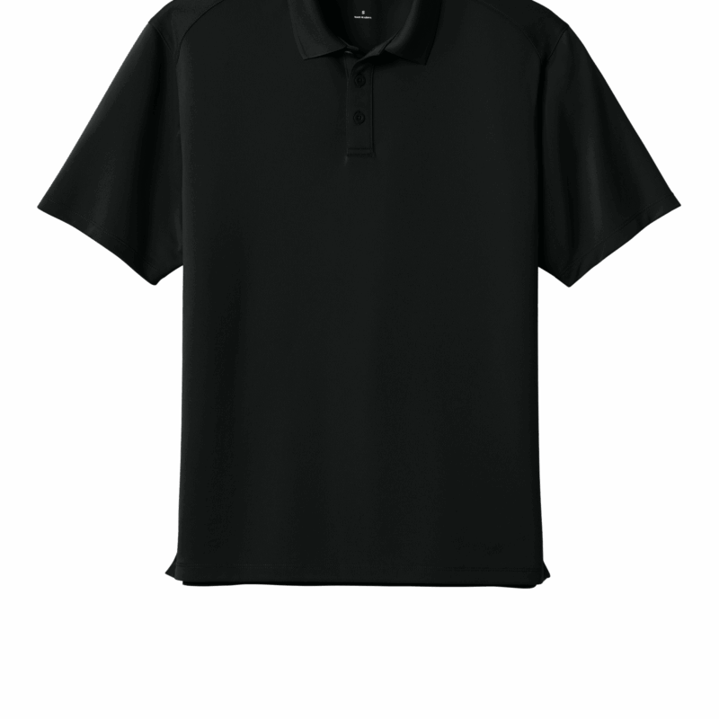 Black short-sleeve polo shirt front view.