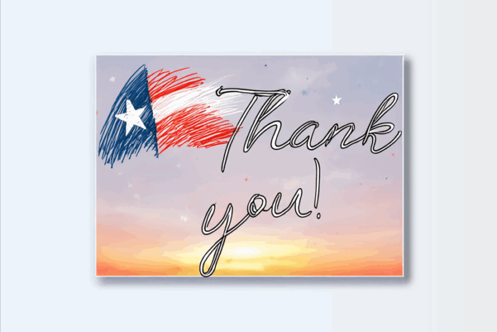 Thank you with Puerto Rican flag sunset background.