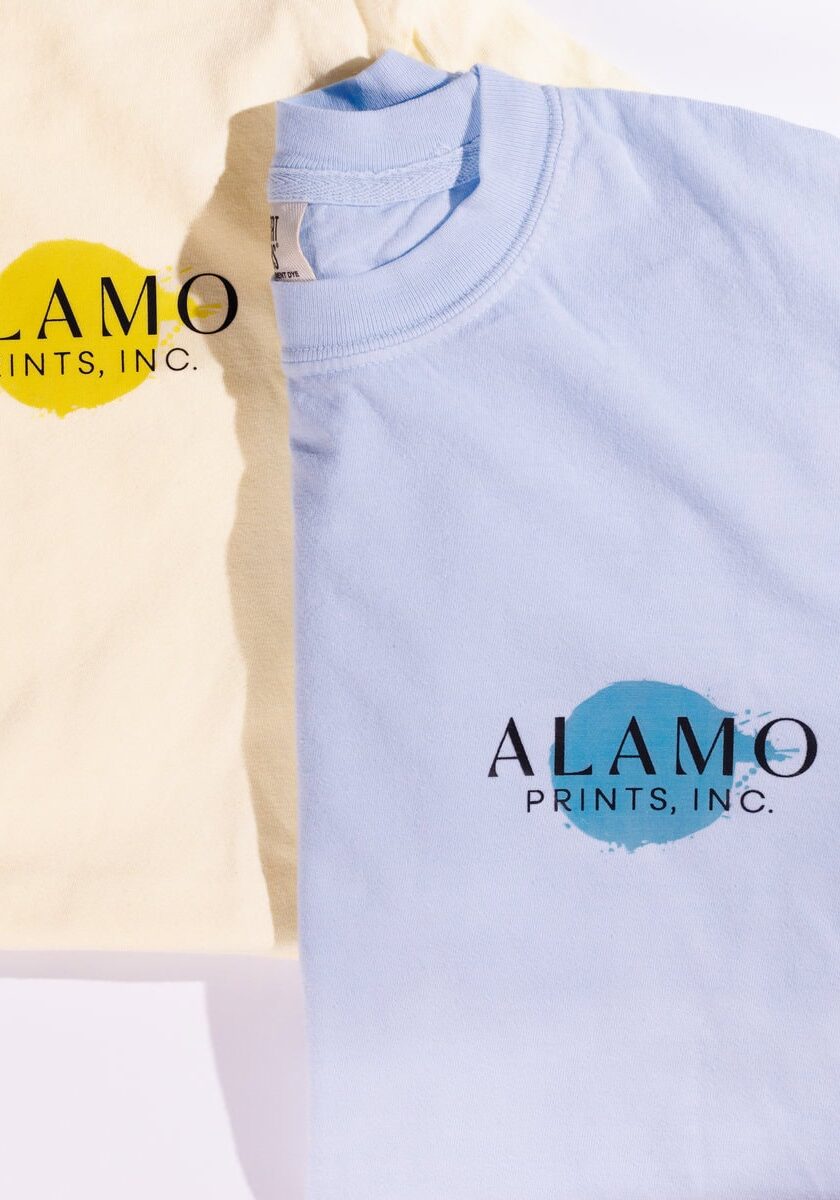 Two Alamo Prints shirts, yellow and blue.